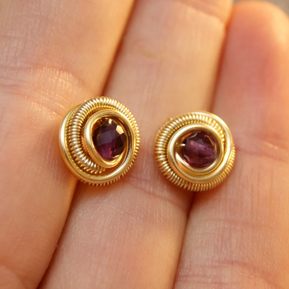 Kolczyki - Różyczki - złocone 14k - ametyst- 10mm