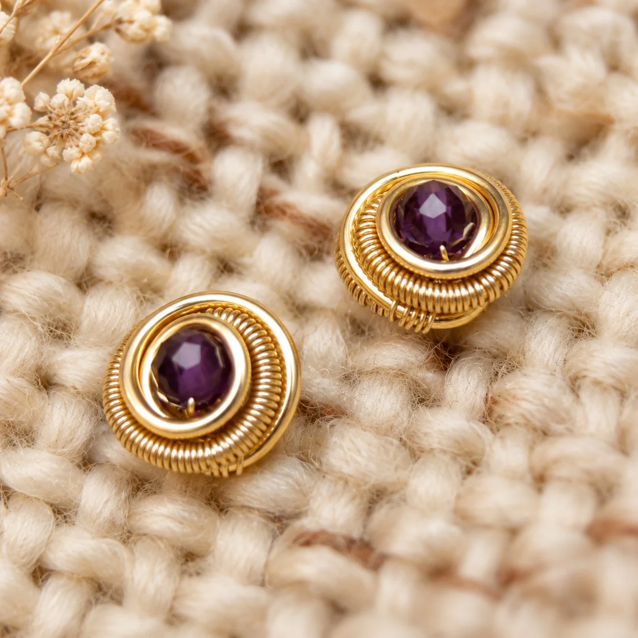  Kolczyki - Różyczki - złocone 14k - ametyst- 10mm
