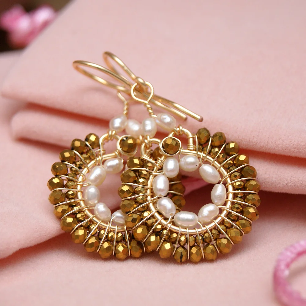 Kolczyki CYGANKI złote z fasetowanymi koralikami 3,5 cm | Madzia Boho